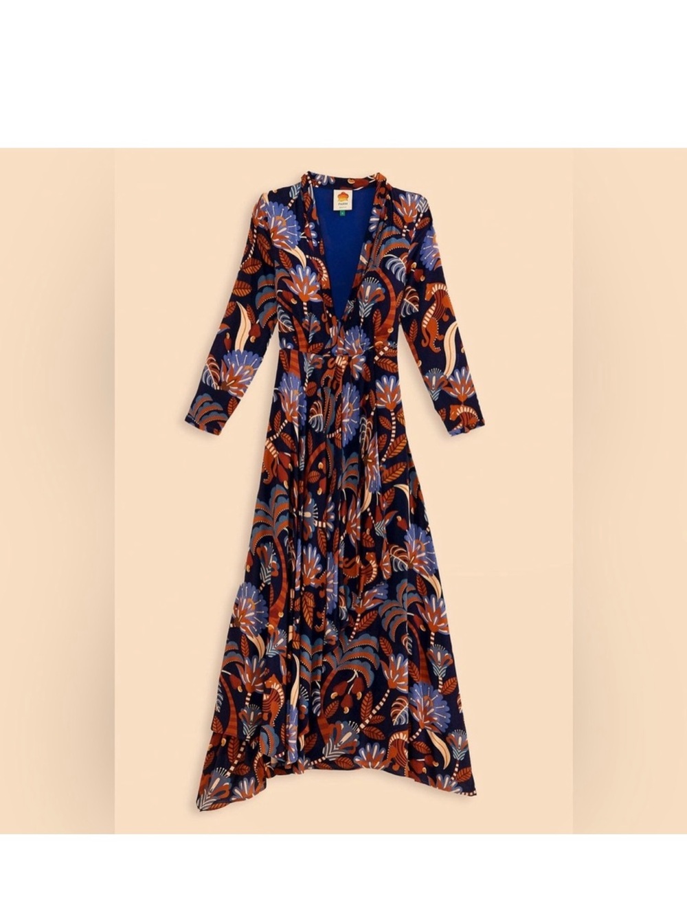 FARM Rio Nature Beauty Long Sleeve Maxi Dress S Boho Fall VNeck Flattering Flowy